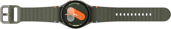 Groene smartwatch met oranje en blauwe accenten op de band. Wijzerplaat toont een grote oranje '9'.