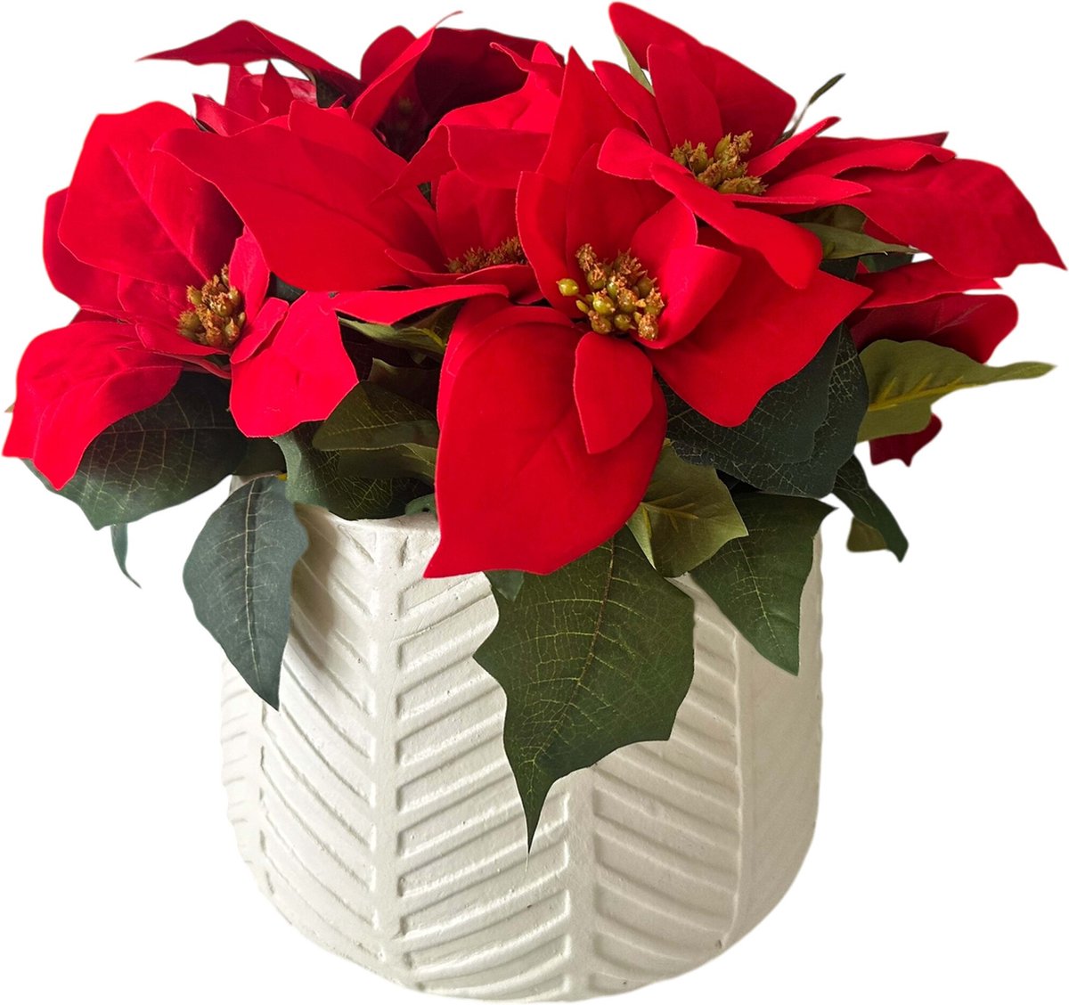 HEM Kunst Kerstster plant Rood - Poinsettia in oranje pot 30 cm - Kerstplant - Kerstsfeer - Kunstplant Kerst Rood - Net echte Kunstplant - Groene Kunstplanten - Nep planten voor binnen - Kamer Decoratie - Nepplanten Kunst plant