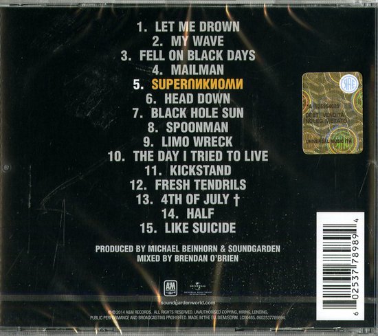 Achterkant cd met tracklist, waaronder 'Superunknown', met logo's en barcodes.