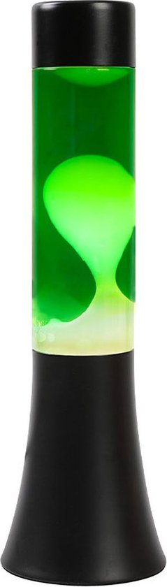 Zwarte staande lavalamp met groene vloeistof en gloeiende witte lava druppel.