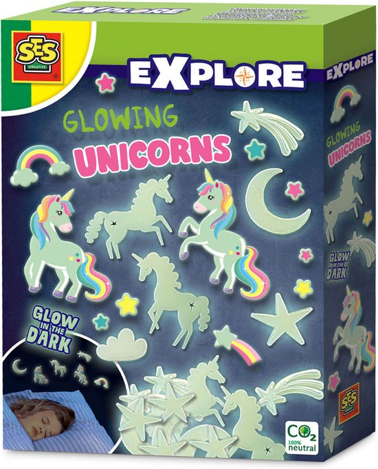 Foto: Ses explore glowing unicorns glow in the dark 24 unicorns en sterren om te plakken met foam plakkers en stickers voor een mooi versierde slaapkamer eenhoorn