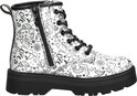 Zilveren Skechers laars met ritssluiting aan de zijkant, zwarte veters en doodle-print.