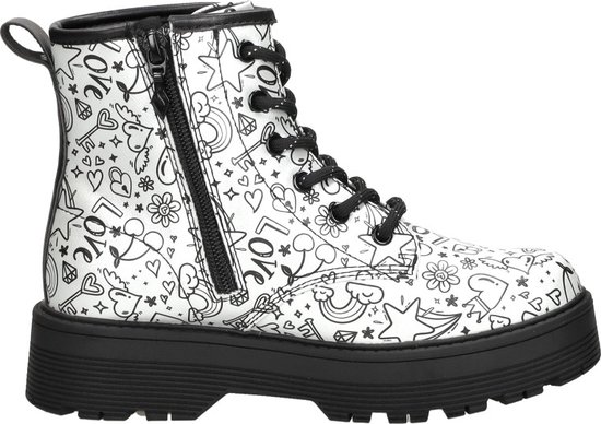 Zilveren Skechers laars met ritssluiting aan de zijkant, zwarte veters en doodle-print.