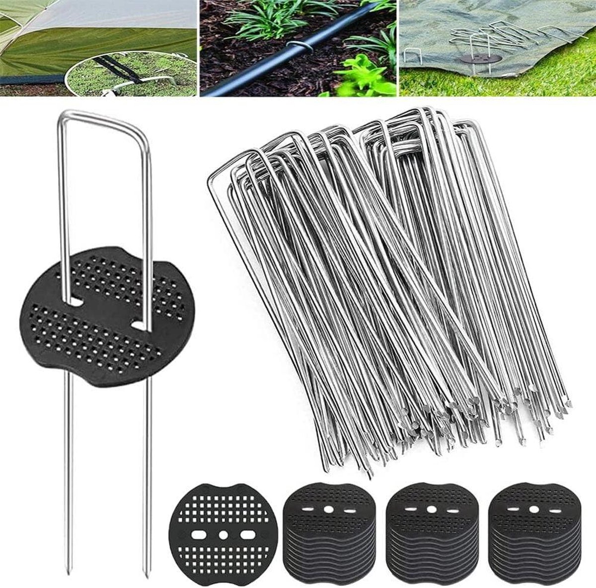 Goedkoopste 40 stuks grondankers U-vormig verzinkt met bufferschijven - voor onkruidweefsel en netten 15 x 4 cm