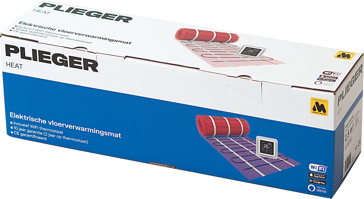 Plieger Heat vloerverwarmingset - Vloerverwarmingsmat - Complete set - Met WiFi-thermostaat - 675 Watt - 50 x 900 cm - 4,5m2