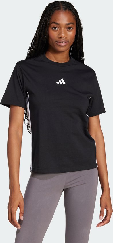 Zwarte dames t-shirt met korte mouwen, Adidas logo op borst en strepen op de zijkant.