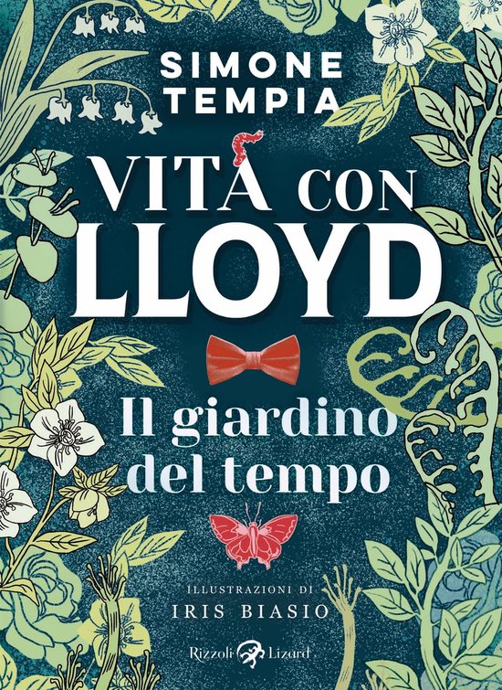 Boekcover 'Vita con Lloyd - Il giardino del tempo' door Simone Tempia. Donkerblauwe achtergrond met illustraties van bloemen, planten, een vlinder en een strikje.