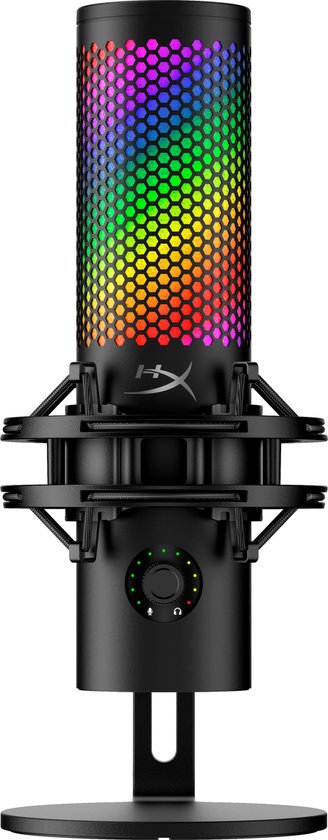 Microphone noir avec éclairage RVB personnalisable, une molette et un bouton marche/arrêt.