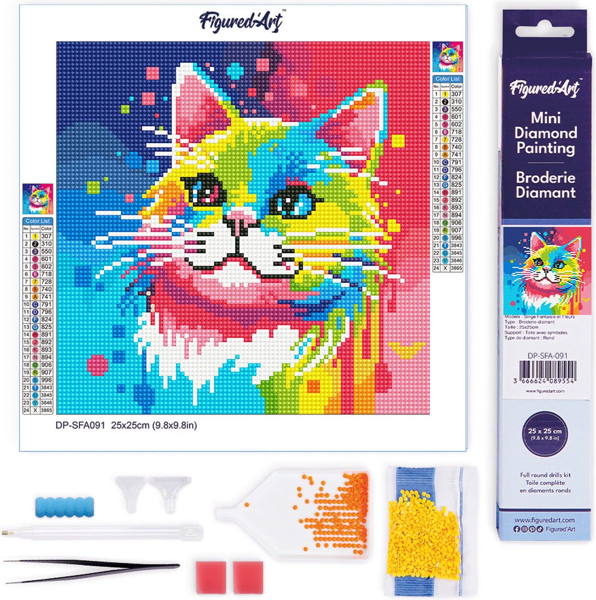 Figured'Art Mini Diamond Painting set Volwassenen 25x25 cm Katten Abstracte Pop-Art - 5D DIY Art full drill ronde diamant - Opgerold canvas