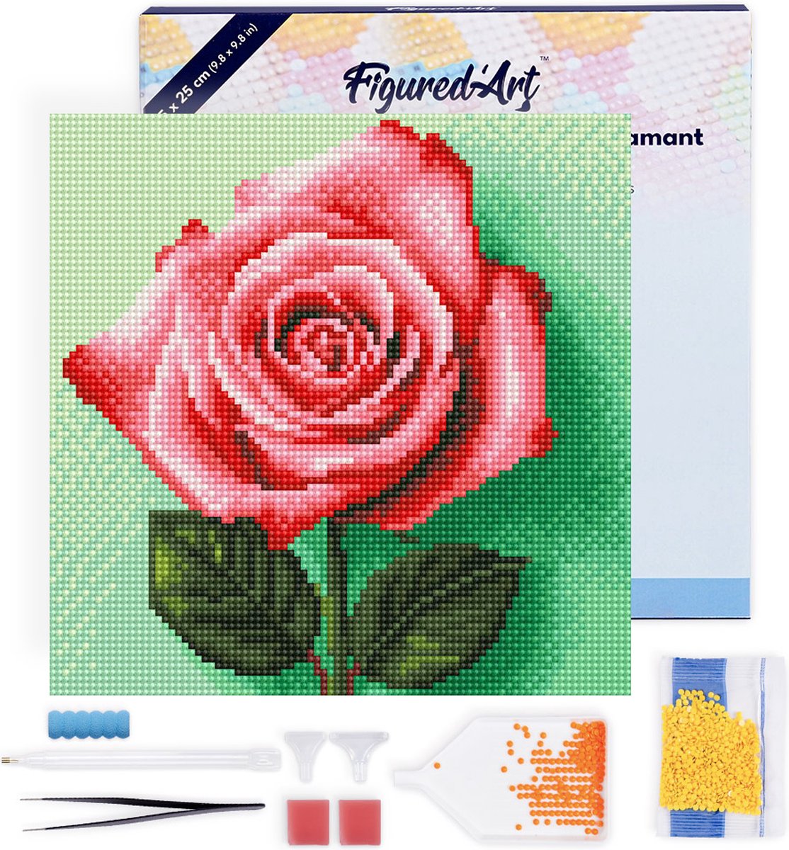 Figured'Art Mini Diamond Painting set Volwassenen 25x25 cm met lijst Oogverblindende Roze Roos - 5D DIY Art full drill ronde diamant - Canvas al ingelijst