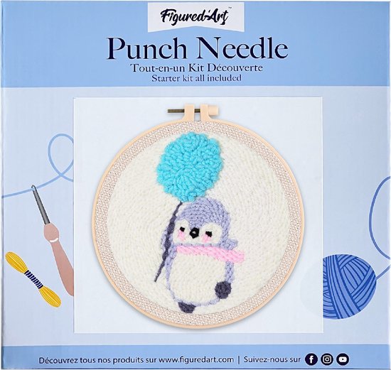 Figured'Art Punch Needle Kit voor Volwassenen en Kinderen - Pinguïn met een Paardebloem - Perfect voor Beginners. Compleet klaar-om-te-borduren set, maat 20x20 cm met ronde frame