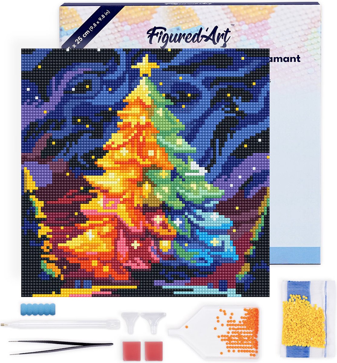Figured'Art Mini Diamond Painting set Volwassenen 25x25 cm met lijst Kleurrijke Kerstboom - 5D DIY Art full drill ronde diamant - Canvas al ingelijst