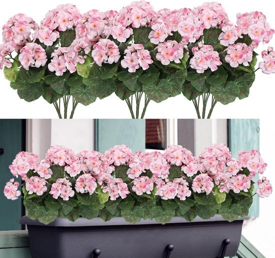 Laelfe Kunstmatige Geraniums voor Buitenshuis UV-bestendige Nep Geraniums Bloemen Zijden Faux Geraniums Bloemen voor Buiten Binnen Huis Balkon Decoraties (2, Rood