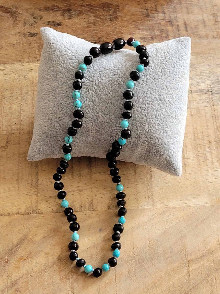 Goedkoopste Bracelets by Nature-Barnsteen-Cherrykleur-Kinder-Ketting-Babyketting-32cm-Turkoois-Baby-Kraamcadeau-Baltische Barnsteen-Babycadeau-Zwart-Turquoise-Handgemaakt-Barokkraaltjes-voor baby en peuter