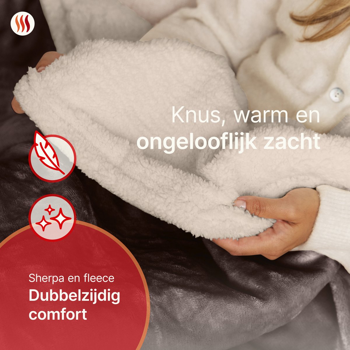 Afbeelding 3 van Seranova Elektrische Deken XXL - Extra Warmtedraden - Premium Model - 180x160 cm - 2 persoons Warmtedeken - Dubbelzijdig Fleece Sherpa - Kastanjebruin