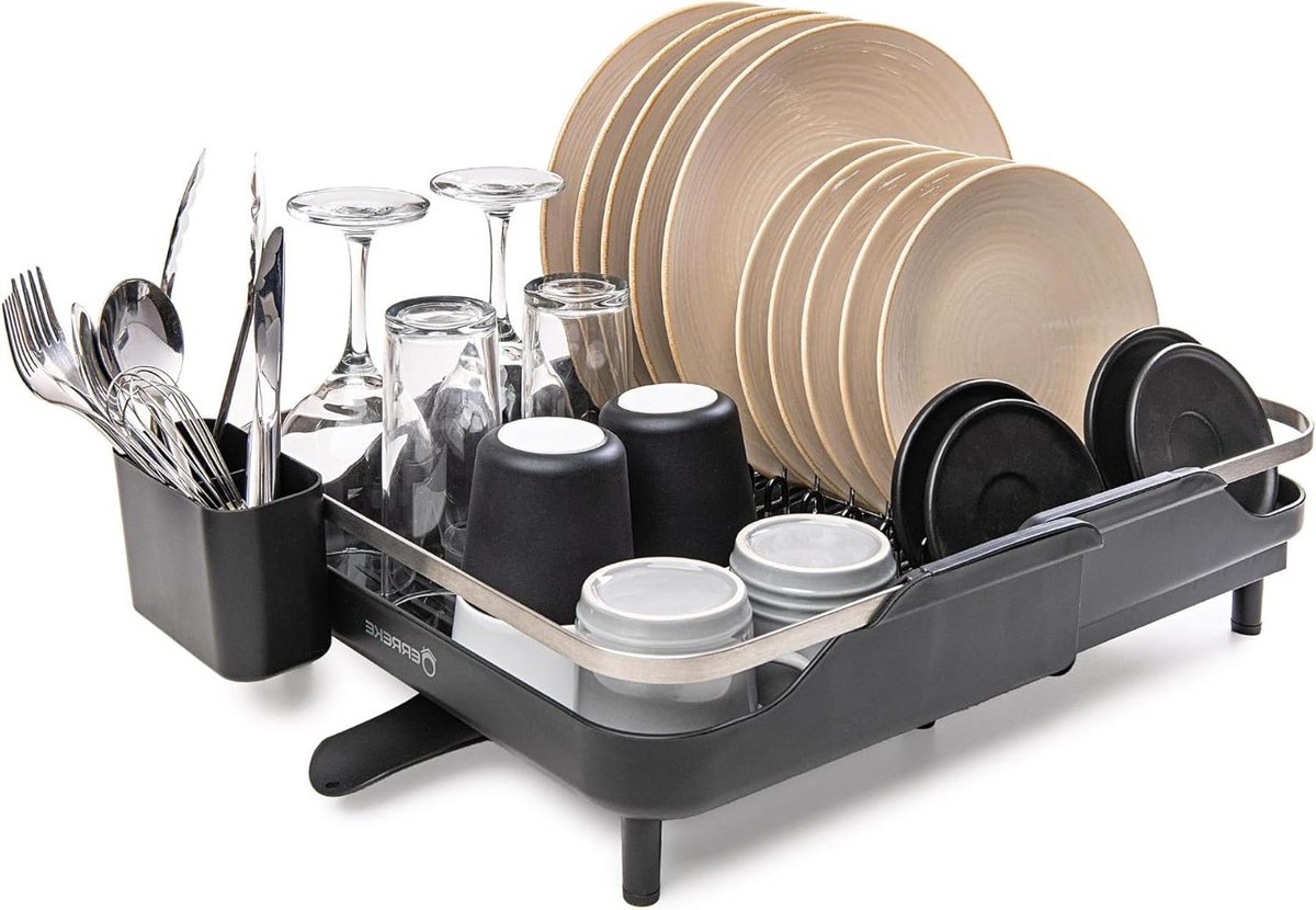 Goedkoopste Uitschuifbaar Afwasrek - Tuit loopt uit in gootsteen - Beschermende Tips - Bestek Houder - Zwarte Kleur