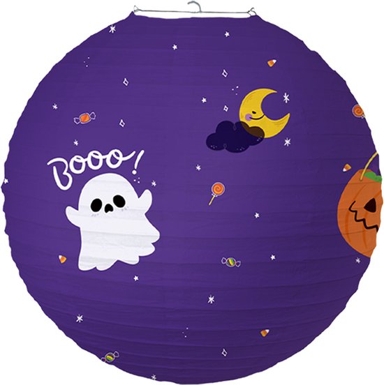 Paarse Halloween lampion met een vriendelijk spookje, een lachende maan en snoepjes.