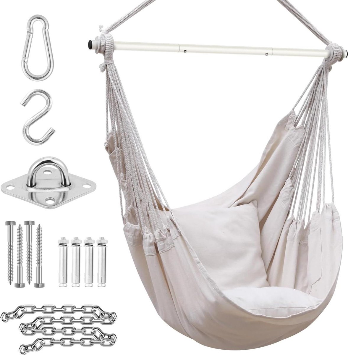 XL draagbare hangstoel met hardwarekit - 2 kussens - Afneembare metalen steunstang - Zijvak - Binnen en buiten hangstoel voor patio - Slaapkamers tienermeisjes kamerdecoratie