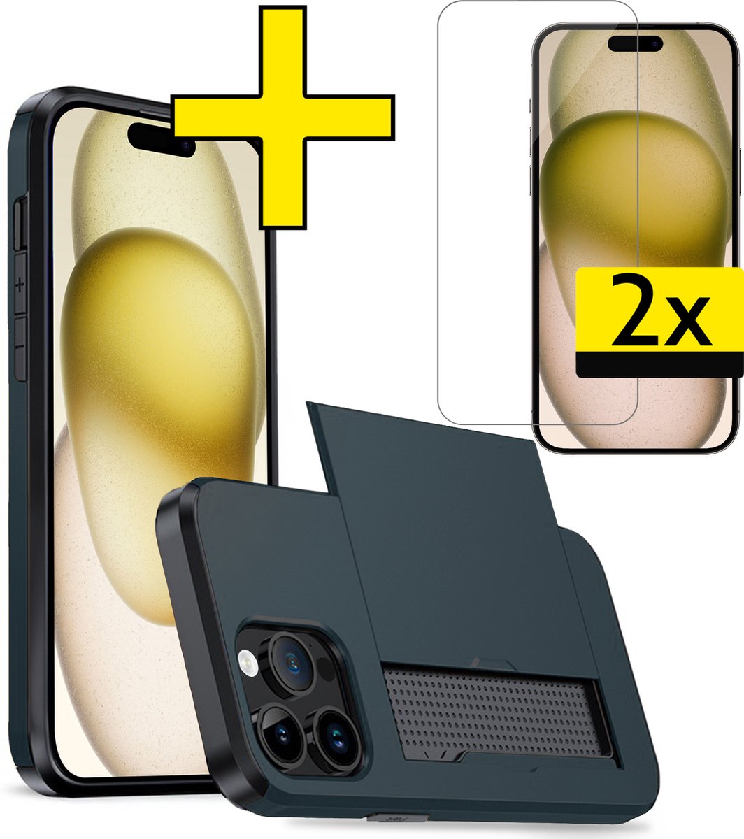 Hoesje Geschikt voor iPhone 15 Pro Max Hoesje Case Pashouder Hard Cover Met 2x Screenprotector - Hoes Geschikt voor iPhone 15 Pro Max Hoesje Met Kaarthouder - Donkerblauw