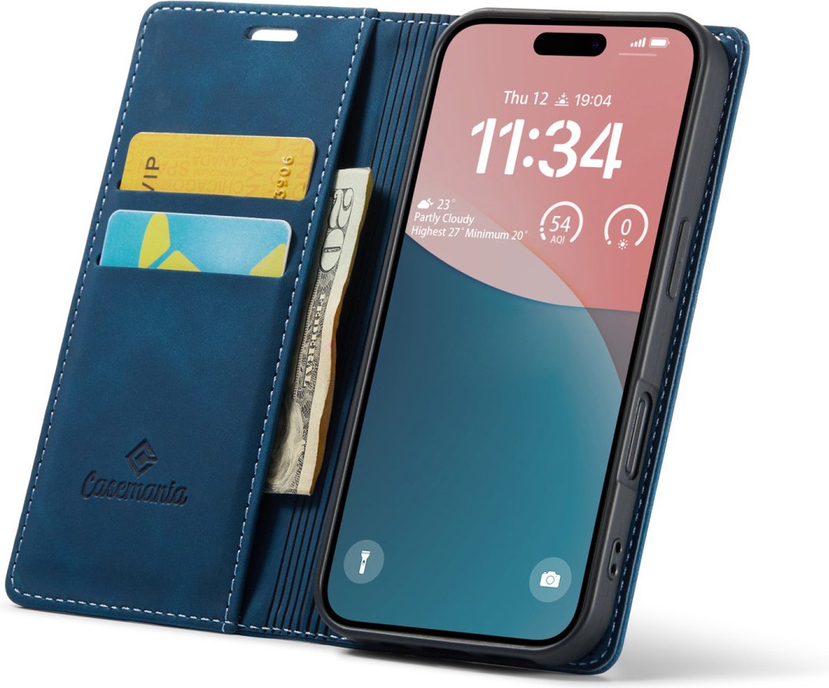 CaseMania Bookcase hoesje geschikt voor iPhone 16 - Effen Donkerblauw - Kunstleer
