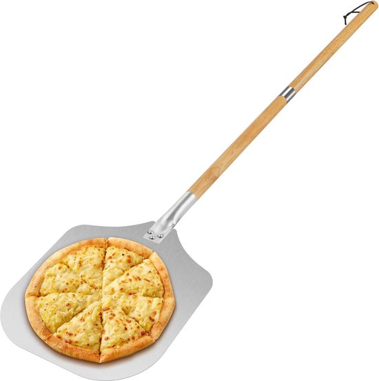 JIEHIN Pizzaschep geperforeerd 30 x 39 cm, pizzaschep van aluminium, zwarte pizzaschep met lange steel, pizzaschep, groot oppervlak en afneembare
