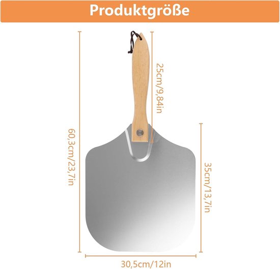 Afmetingen van de pizzaschep: 60,3 cm lang, 35 cm breed, handvat 25 cm.