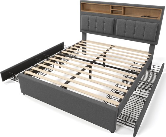 Merax Lit Double Rembourré 160x200 cm avec 4 Tiroirs & Connexion USB-C - Lit avec Tête de Lit Réglable et Sommier à Lattes en Bois - Grijs