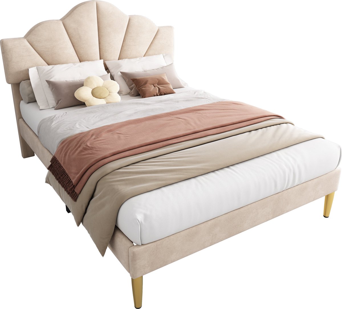 Merax Gestoffeerd Tweepersoonsbed van Fluweel 140x200 cm - Bed met Schelpvormig Verstelbaar Hoofdbord met Gouden IJzeren Poten - Beige