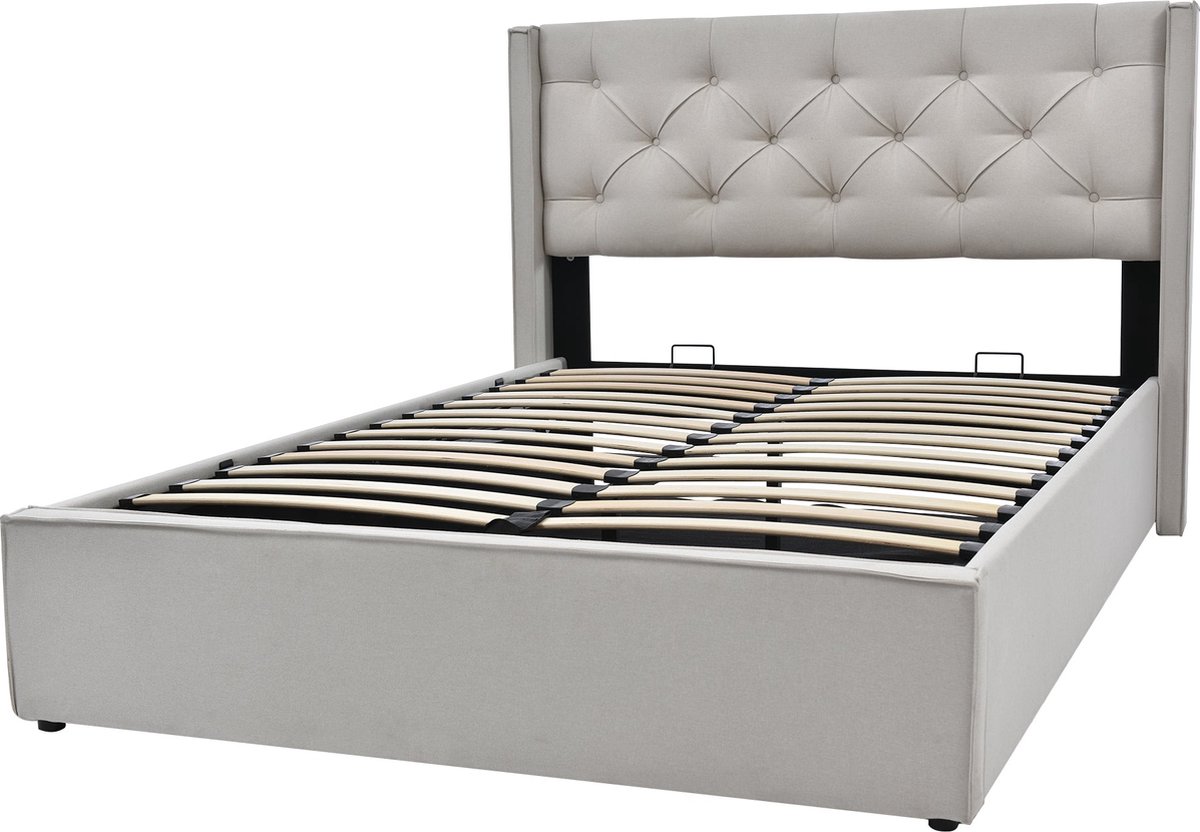 Merax Hydraulisch 140x200 cm Doppelbed met Lattenbodem en Stauraam - Verstelbaar Hoofdeinde - Gestoffeerd in Linnen - Grijs