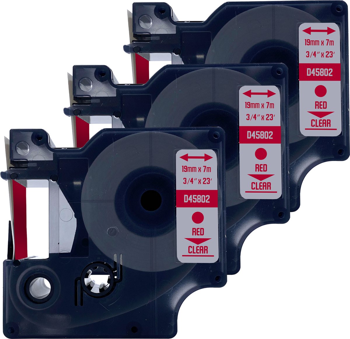 DULA Dymo D1 45802 Compatible label tape - 3 lettertapes - Rood op transparant - 19mm x 7m