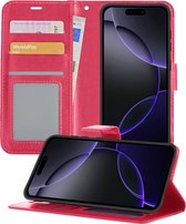 Hoesje Geschikt voor iPhone 16 Pro Max Hoesje Book Case Hoes Portemonnee Cover Walletcase - Hoes Geschikt voor iPhone 16 Pro Max Hoes Bookcase Hoesje - Donkerroze