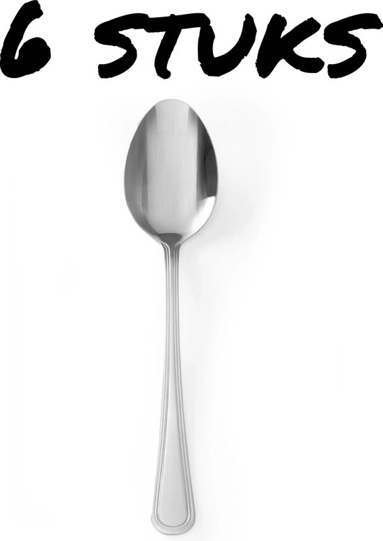 Cuillère de table argentée en acier inoxydable, texte '6 stuks', finition polie.