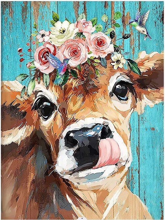 Huntex Diamond Painting Volwassenen - Diamond Painting Kinderen - Diamond Painting Pakket Volledig - Vrolijke Koe met Bloemen - 30x40 cm