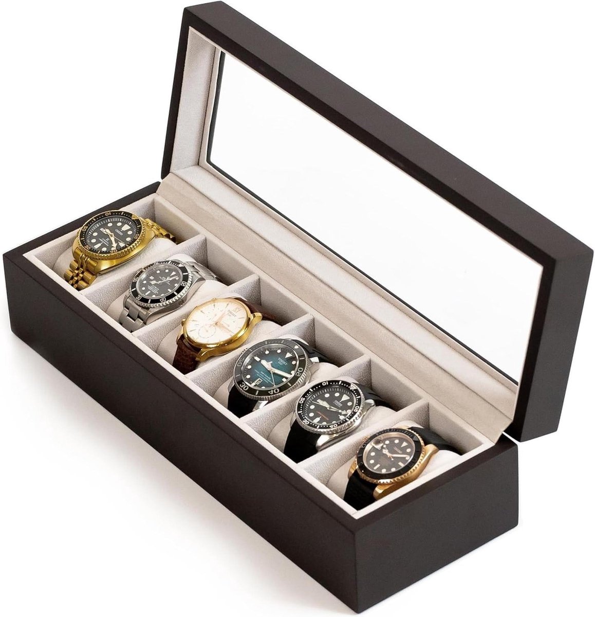 Horlogedoosorganizer van massief espressohout met glazen displayblad - Luxe horloge-opbergdoos