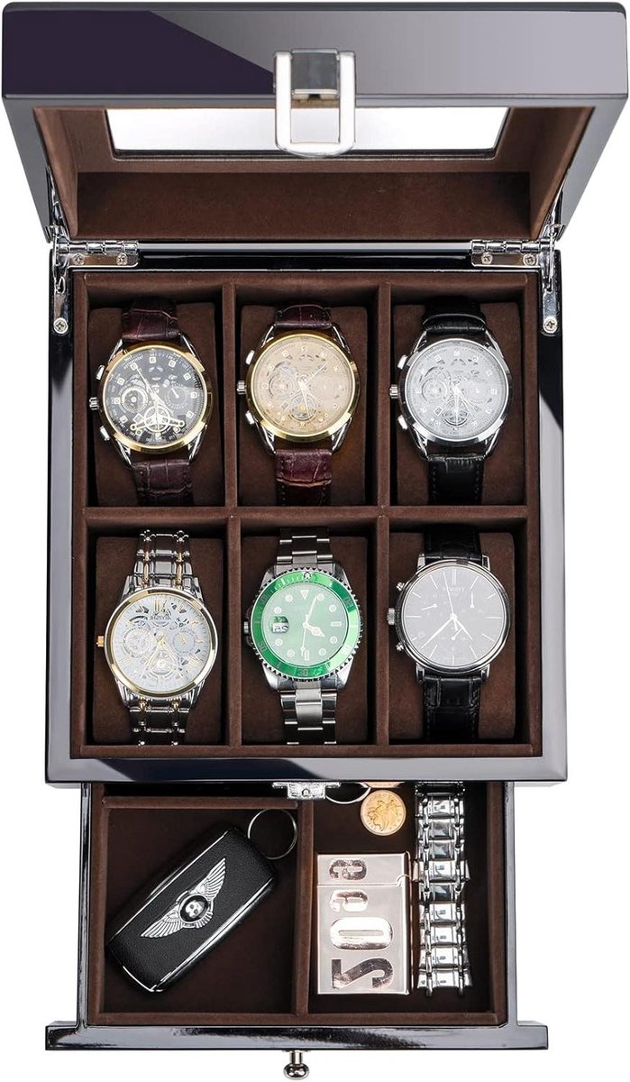 Houten horlogedoos 6 slots heren horloge organizer met glazen top 2-tier gelakte vitrine voor horlogeopslag - zwart - stijlvol en handig.