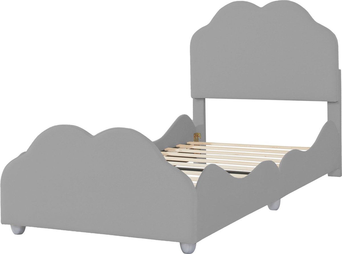 Merax Gestoffeerd Kinderbed 90x200 cm - Wolkenvormig Hoofdbord en Voeteneinde met Uitvalbeveiliging - Fluweel Grijs