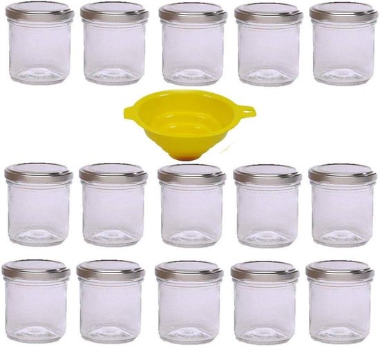 Jampotjes met deksel 15 x 167 ml zilverkleurige sluiting ronde glazen potten inmaakpotten kruidenpotjes trechter jampotjes met deksel