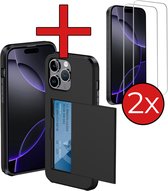 Hoesje Geschikt voor iPhone 16 Pro Max Hoesje Met Pasjeshouder Hard Case Met Kaarthouder Met 2x Screenprotector - Hoes Geschikt voor iPhone 16 Pro Max Hoesje Pashouder Case - Zwart