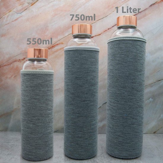 Ferexer 1500 ml waterfles van glas sportfles van borosilicaatglas met bamboedeksel en neopreen hoes, 1,5 l / 1,5 liter grijs