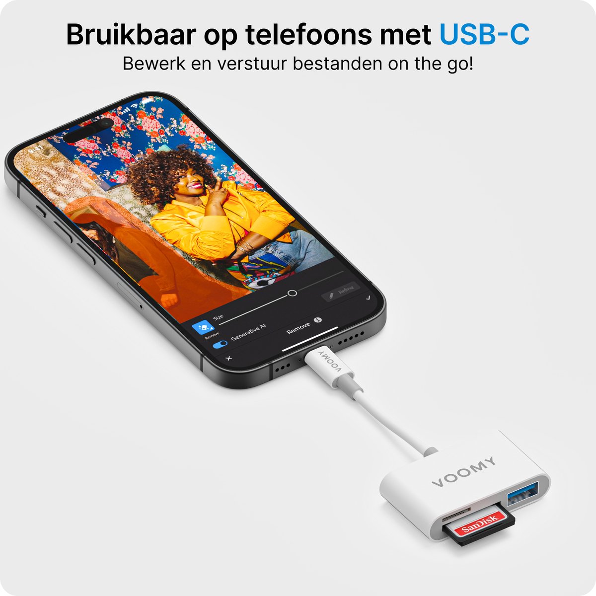 Voomy SD Kaart Lezer - 3 in 1 - SD / Micro SD / TF Card Reader - USB C & USB A - Kaartlezer Wit - Geschikt voor Laptop / Smartphone / Tablet / Universeel — afbeelding 5