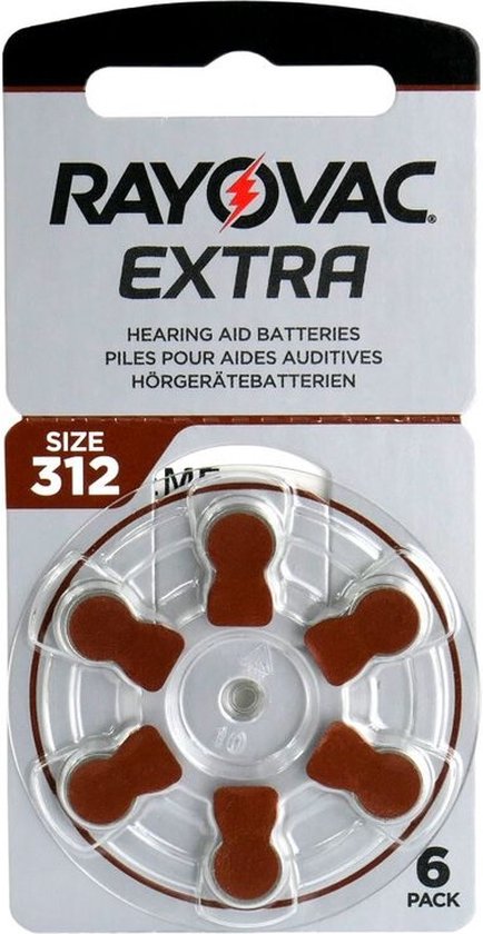 Verpakking met 6 Rayovac Extra Advanced 312 gehoorbatterijen, met oranje kleurcodering.