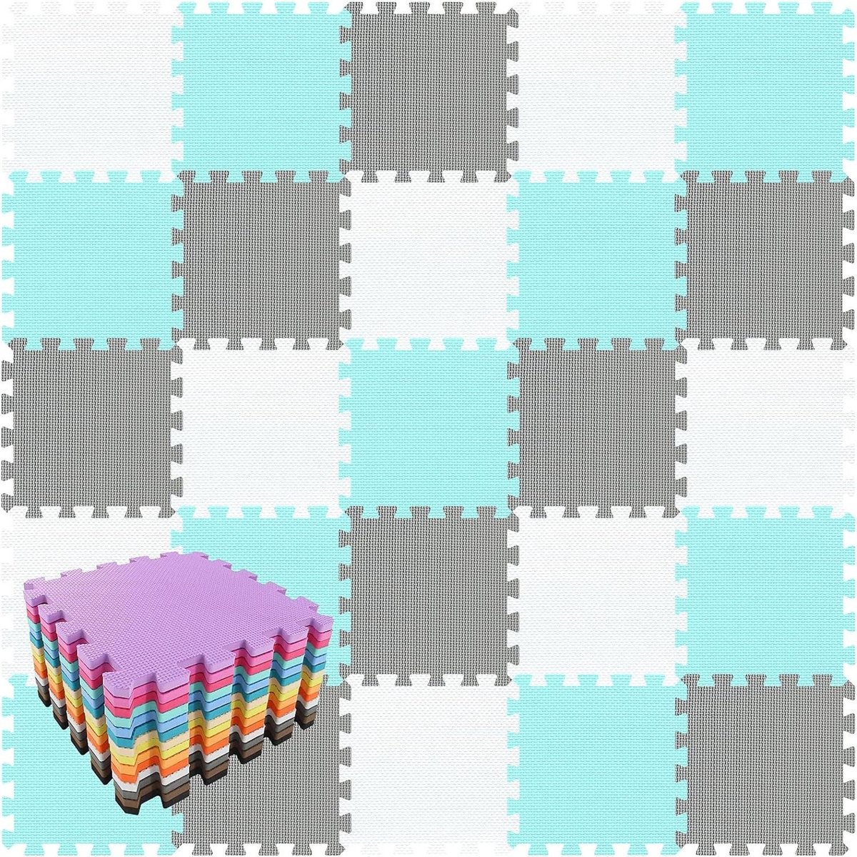 Zacht EVA-schuim puzzelmat voor baby's op de grond stapelbaar en opvouwbaar 25 tegels wit groen grijs 30x30 cm JEU-VA-PUZ25N