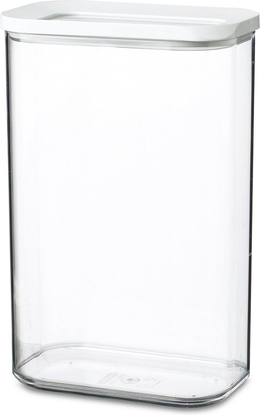 Boîte de conservation Mepal transparente vide avec un couvercle blanc rond.