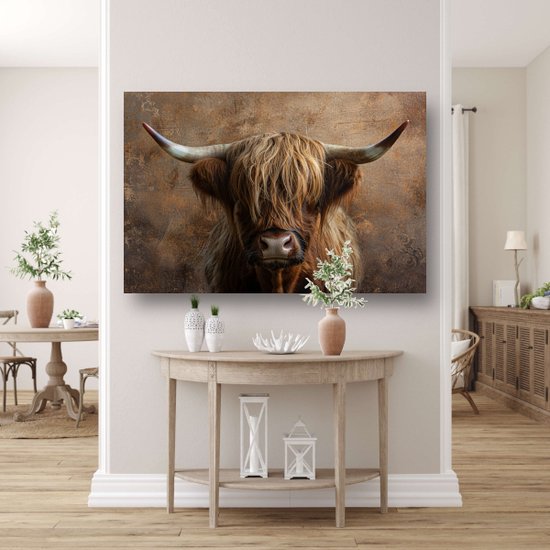 Schotse hooglander glasschilderij - Dieren - Schilderijen koe - Woonkamer decoratie industrieel - Wanddecoratie plexiglas - Slaapkamer muurdecoratie - Acrylglas 105x70 cm