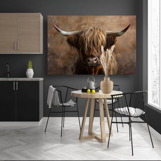 Schotse hooglander glasschilderij - Dieren - Schilderijen koe - Woonkamer decoratie industrieel - Wanddecoratie plexiglas - Slaapkamer muurdecoratie - Acrylglas 105x70 cm