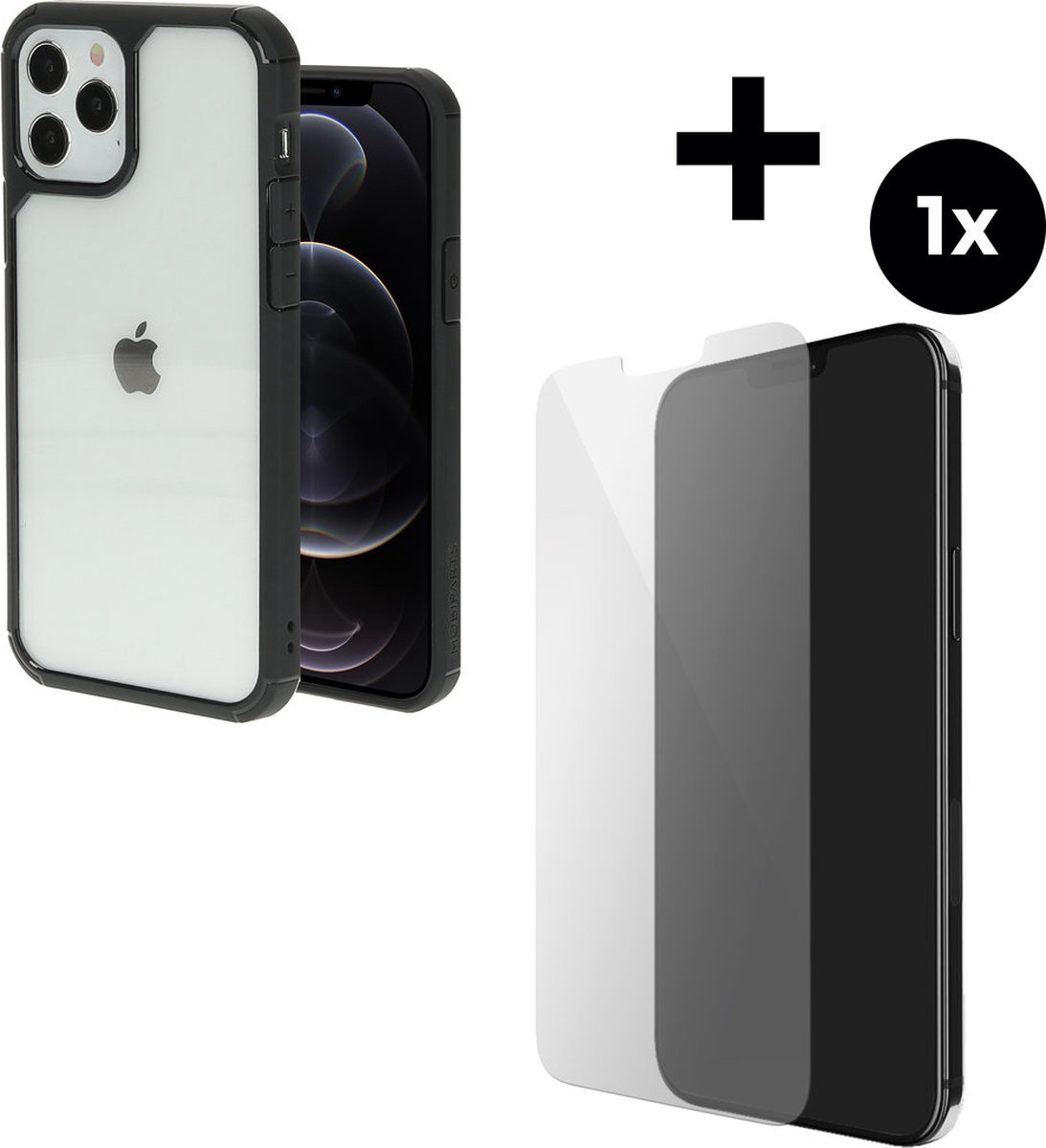 Mobiparts Rugged Clear Case hoesje geschikt voor Apple iPhone 12 Pro met 1 Screenprotector van Gehard Glas - Zwart/Transparent