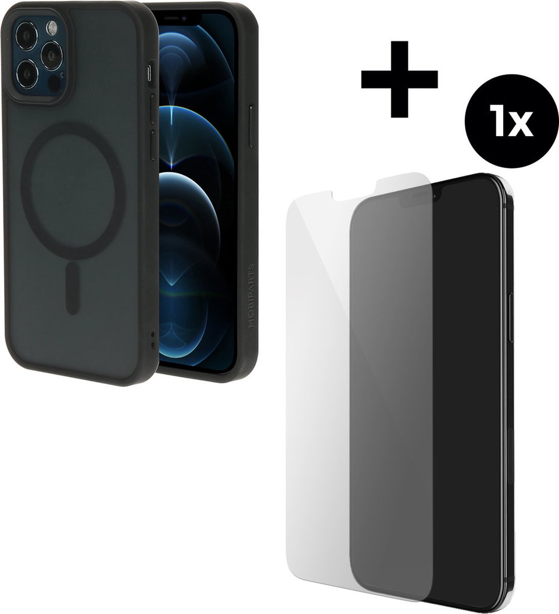 Mobiparts Hardcover MagSafe hoesje geschikt voor Apple iPhone 12 Pro - MagSafe - met 1 Screenprotector van Gehard Glas - Zwart