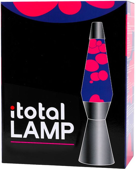 Doos van een paarse lavalamp met roze bubbels en "i-total LAMP" tekst.