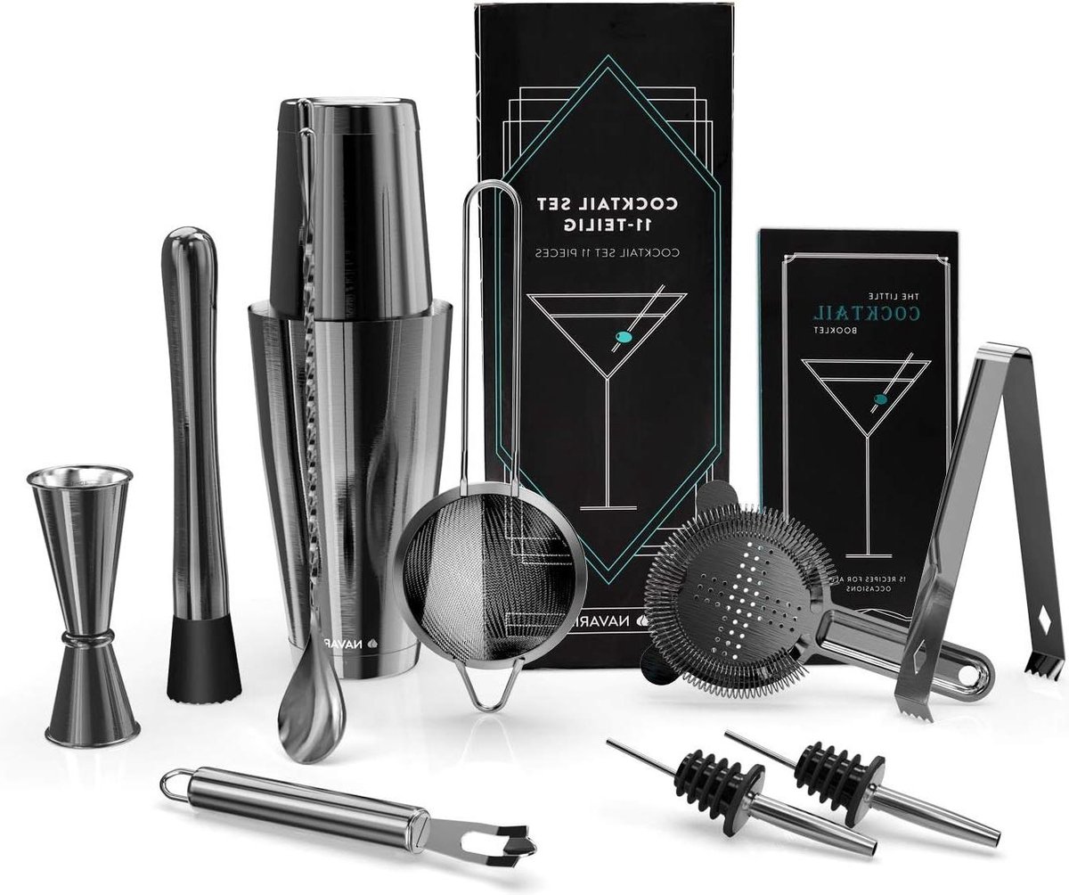 Cocktailset 11-delige roestvrij stalen set Luxe shaker barmaatje strainer ijstang Donkergrijs met Navaris