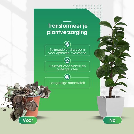 Voor en na foto: verwaarloosde plant in bruine pot naast een verzorgde plant in witte pot met watergeefsysteem.